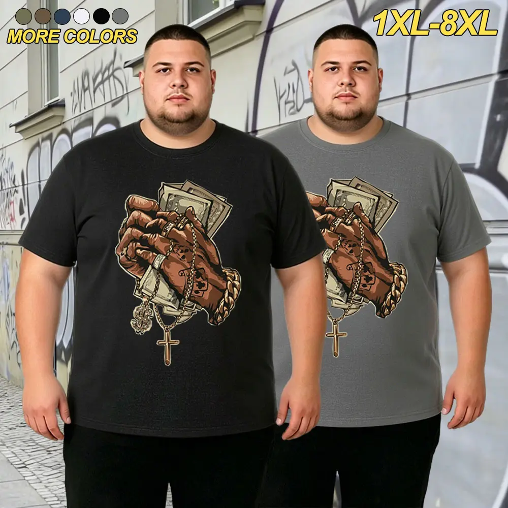 1XL–8XL Men’s Plus Size Loose Casual Printed Short Sleeve T‑Shirt, Retro Hip Hop Style Print Top, Hip Hop Street Style Extra-Loose Crew Neck Short Sleeve, Available in Multiple Colors, Suitable for Home Lounging and Daily Commuting in Various Scenarios