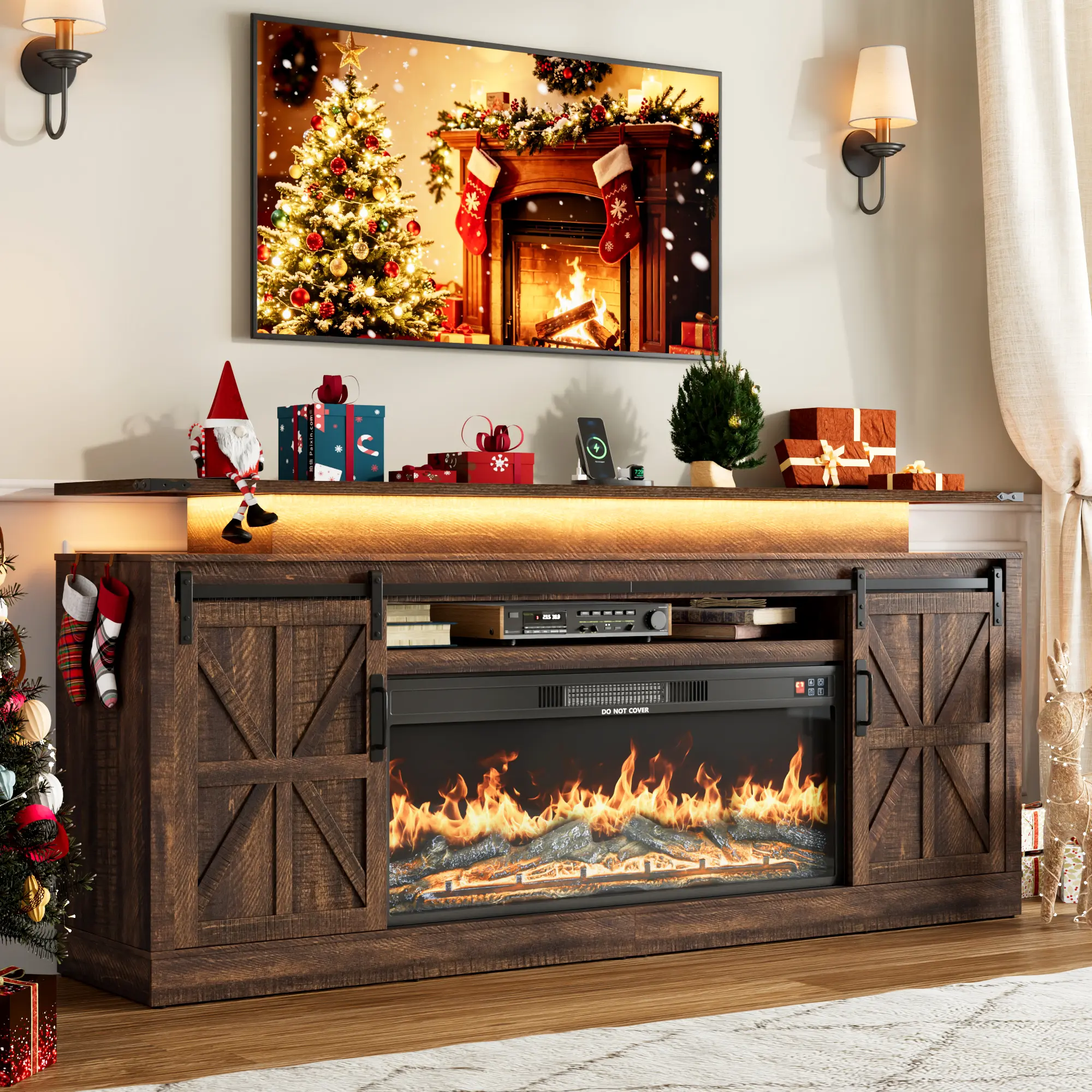 Farmhouse Electric Fireplace TV Stand (71/81in) for Up to 90in TVs - 33.5in Extra Tall, Sliding Barn Doors, Engineered Wood, Charging Station, LED Lights, Adjustable Shelves, Cable Management, Easy Setup, Sliding Doors