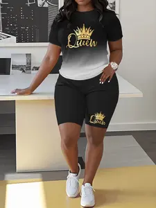 Women's Summer Casual Two-Piece Set, Gradient Crown Letter Print, Short Sleeve Round Neck Top and Shorts, Slim-Fit, Regular Length, Graphic Style Womenswear, Clothes