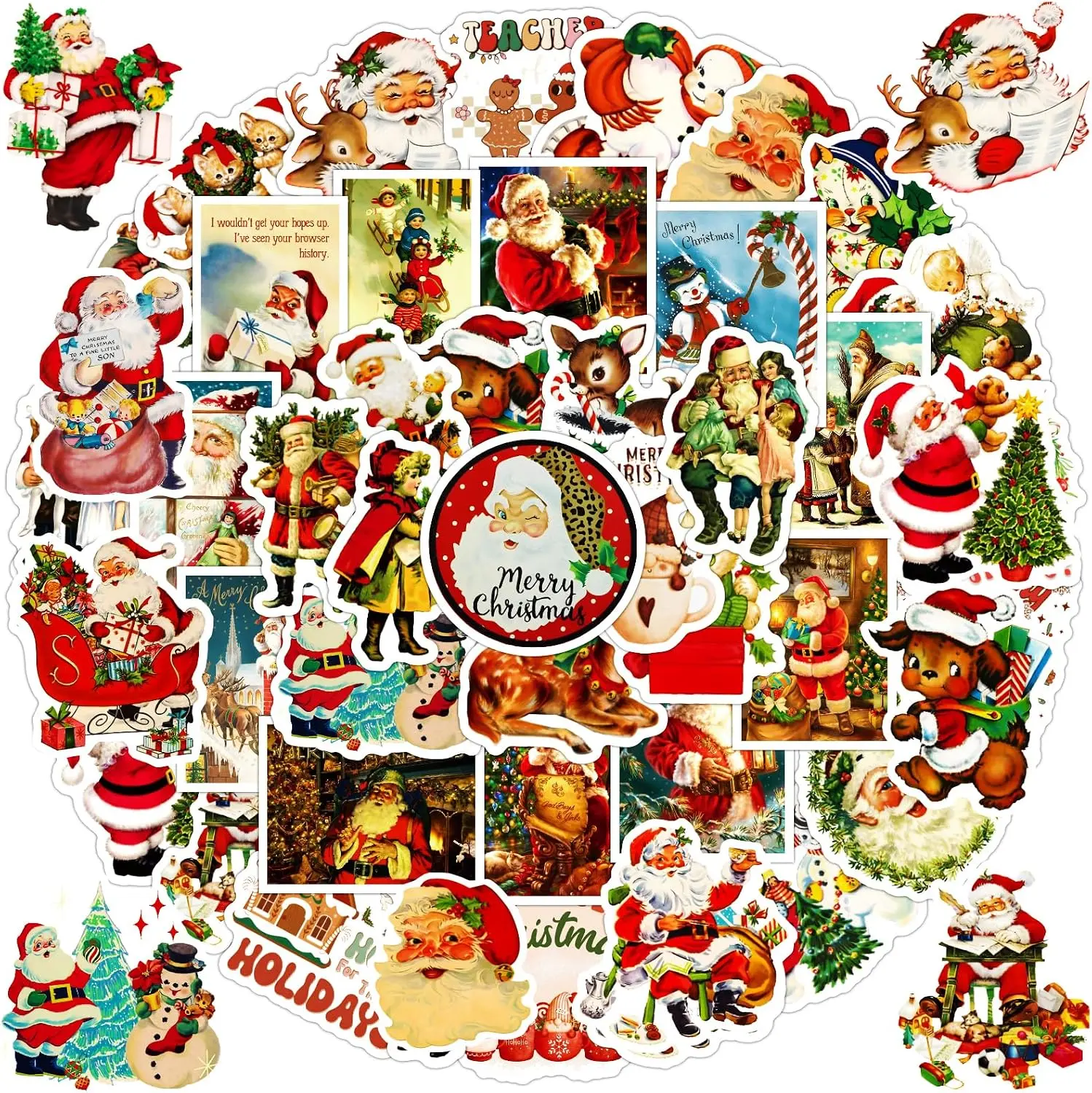 100PCS Vintage Christmas Stickers, Santa Claus Snowman Sticker Pack for Kids Teens Adults, Waterproof Holiday Stickers Decals for Scrapbook,Cards