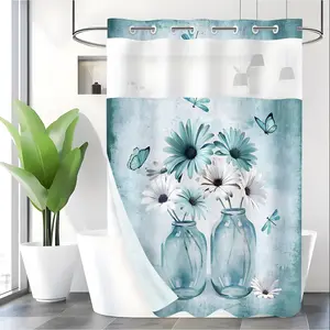 LVRLVR 1pc Farmhouse Blue Daisy Butterfly Hookless Shower Curtain with Sheer Top Window, Detachable Liner & No Hook C-Ring, 70.8" x 74"