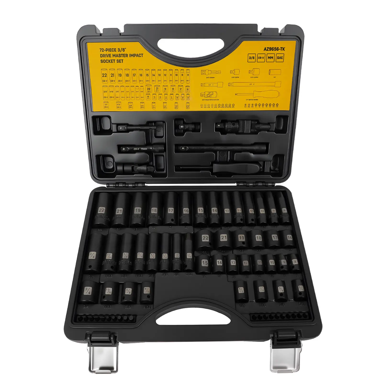 【DealsForYouDays】Steelite 72-Piece 3/8" Drive Impact Socket Wrench Set, SAE (5/16"-3/4") & Metric (8-22MM), 6-Point CR-V, Torx Bit Socket, Car & Automotive Tools with Extension Bar, Adapter, Universal Joint, Spinner Handle for Repairs, Mechanic Tools