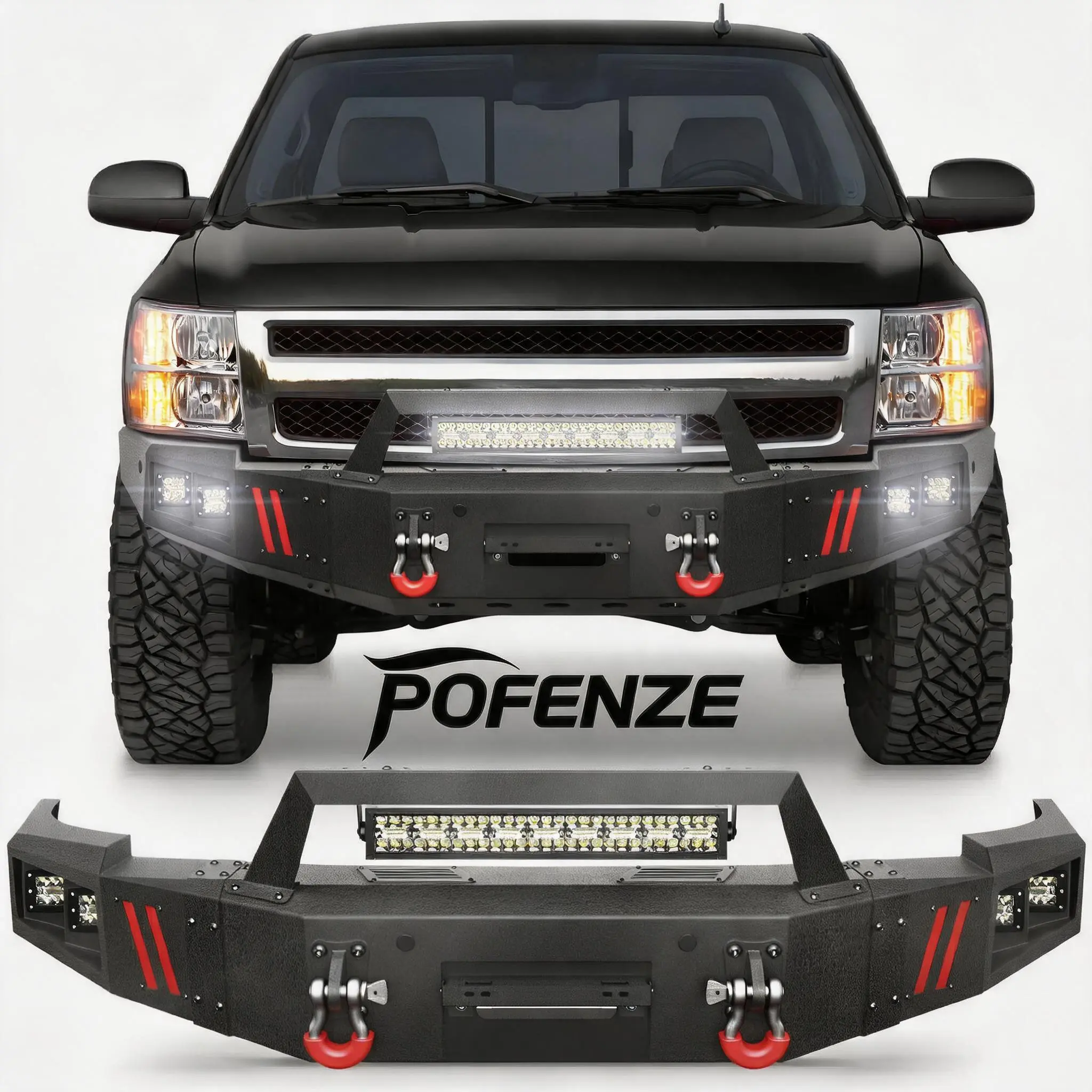 POFENZE-NADIA Series Carbon Steel Full Width Front Bumper for 2007-2013 Chevy Silverado 1500 Pickup (Fits 2007 Chevy Truck), Easy Install w/Winch Plate, 144W Light Bar, 4x18W Fog Lights, D-Rings, License Plate Bracket for Heavy-Duty Tasks, Night Driving