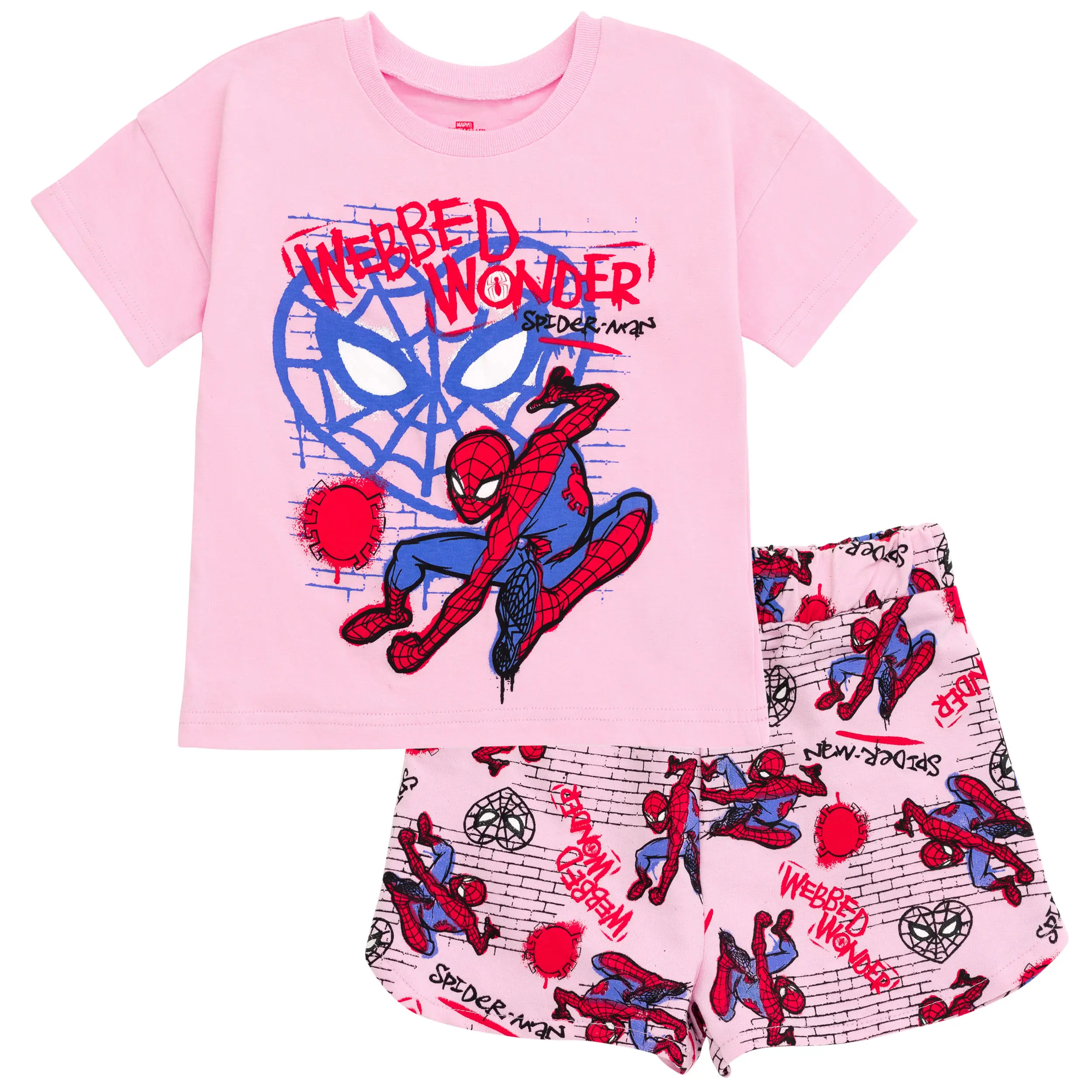 Marvel Spider-Man Girls' 2-Piece Casual Short Sleeve Tee & Shorts Outfit, Spider Print, Superhero Fun, Webbed Wonder, Pink, Toddler to Big Kid, Casual Set