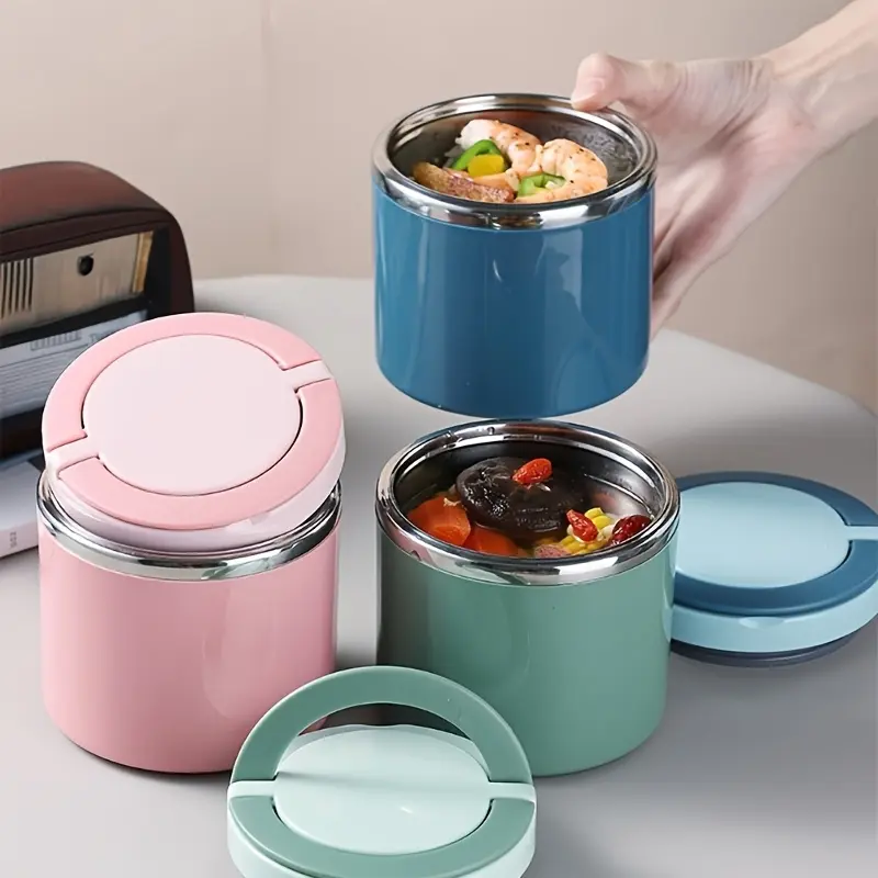 Stainless Steel Leakproof Insulated Lunchbox & Thermos Cup - Stackable Bento Box with Handle, 304 Grade Thermos Cup, Hot/Cold Leakproof Food Containers for School, Office, Camping, Picnic - Pink/Blue, Durable & Portable