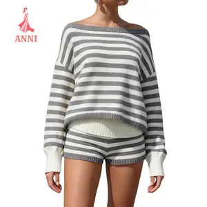 Women Knit Shorts Set, Long Sleeve Off-shoulder Sweater with Elastic Waist Shorts Striped Fall Outfit