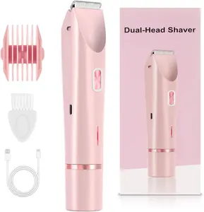 2-in-1 Bikini Trimmer & Electric Razor for Women: Painless, Waterproof & Cordless for Body, Face, Bikini Line | Ceramic Blades, USB-C Charging | Pink