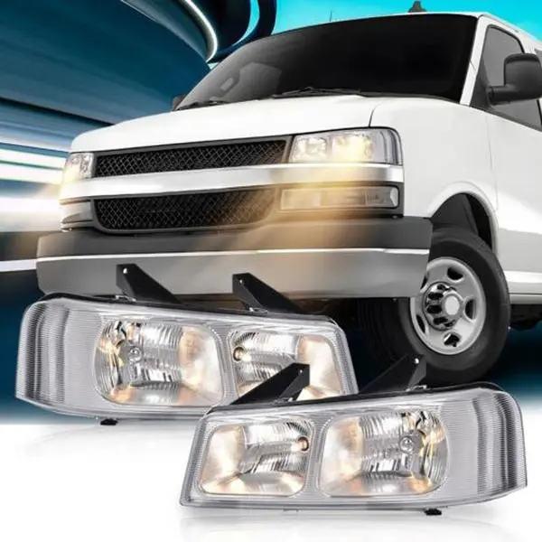 G-PLUS Headlight Kit - Chrome Housing Headlight Assembly Pair for 2003-2019 Chevy Express, GMC Savana Van (Driver & Passenger Side)