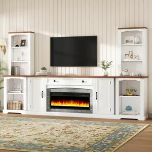 3-Piece TV Stand Set with Mantel - Electric Fireplace Heater for TVs Up to 70", Farmhouse Entertainment Center with Bookshelves, Wood TV Stand with Ample Storage for Living Room (White)