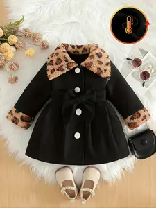 Sweet and cool black princess jacket, girls' clothing, Leopard pattern coat, black tone with leopard print plush collar and cuffs, cool and warm, tied with a big bow at the waist, suitable for outdoor use, Casual cute outerwear