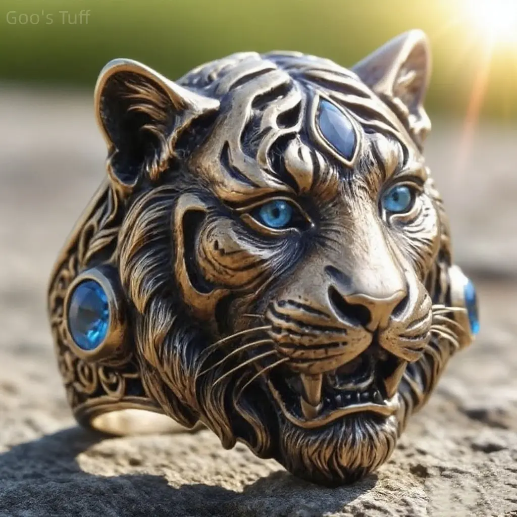 Vividly Carved Tiger Head Ring for Men, Bold Statement Animal Jewelry in Eco-Friendly Alloy, Masculine Male Gift for Birthdays, Animals, Animal Theme Ring