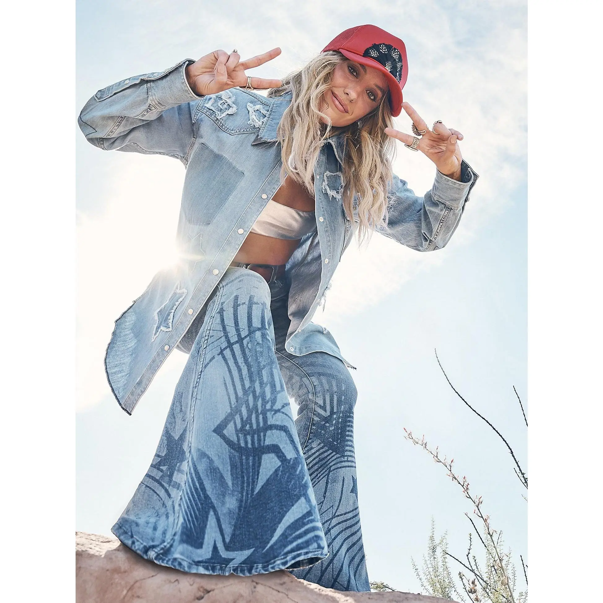 Wrangler Women's Lainey Wilson High-Waisted Denim Bell Bottom Jeans - Western Clothes, Mid Wash Stretch Cotton-Elastane Fabric, Star Graphic Print, Embroidered Pocket, 'W' Stitching, Slim Fit, Sizes 25x34, 30x32
