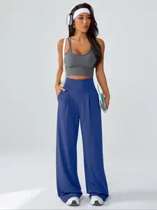 Women's Loose Wide Leg Pants, Fashion Casual Running Cycling Exercise Pocket Pants, Daily Wear Yoga Pants, 1 Piece 360g