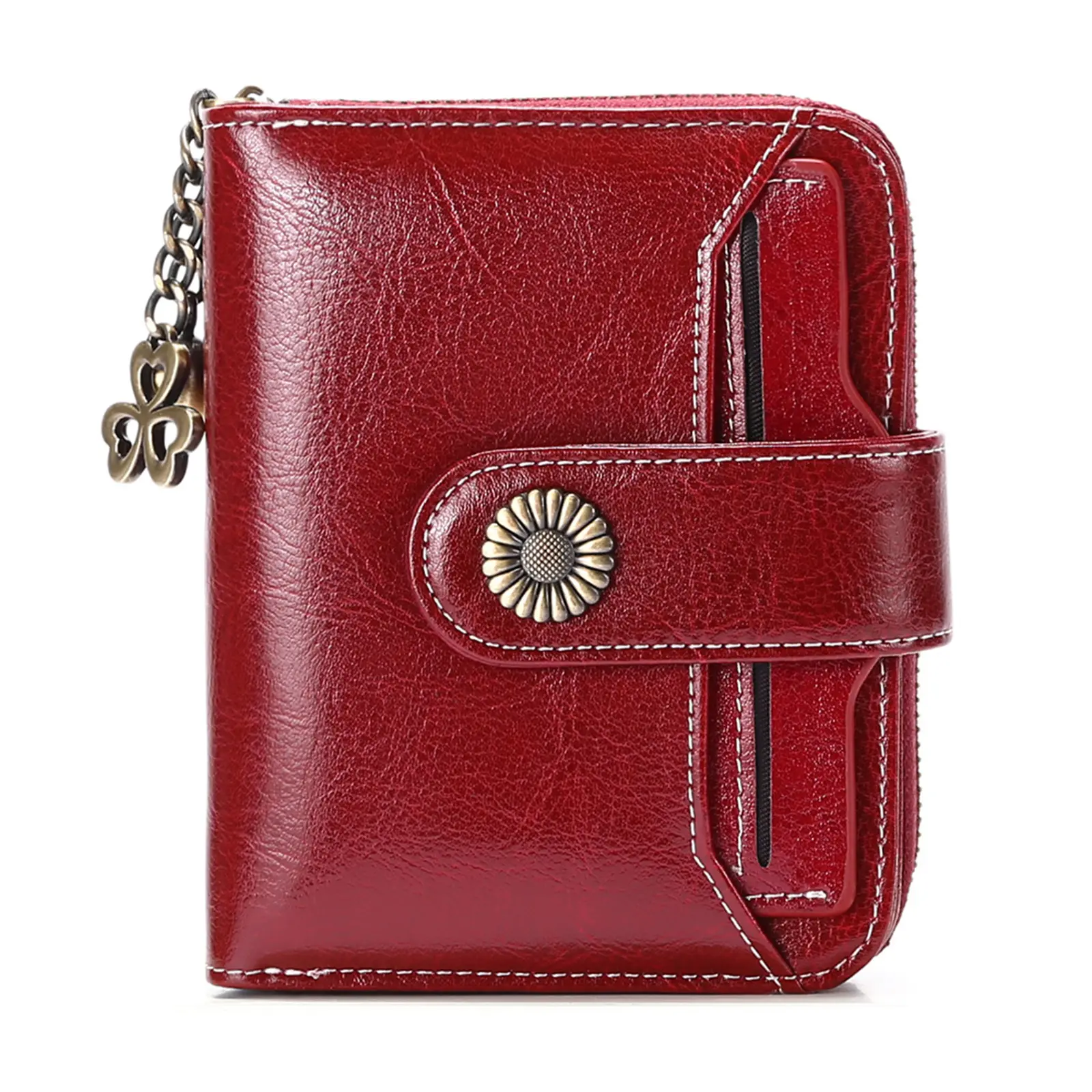 Mini ladies' compact double fold wallet with detachable ID window, multiple card slots, zippered change pocket, and snap closure - classic red and black style, ladies' wallet | classic double fold wallet | wallet