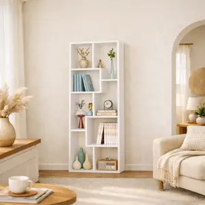 5-Tier Asymmetrical Bookcase, Modern Geometric Display Shelf, Tall Narrow Storage Unit for Living Room Bedroom Home Office, Multi-Functional Accent Shelving