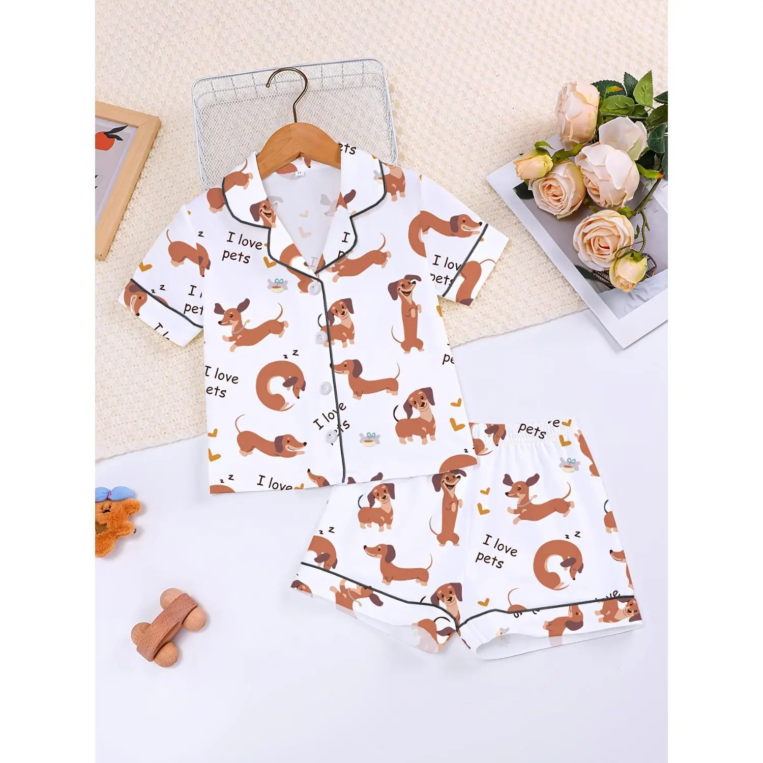 Toddler & Kids 2-Piece Pajama Set, Vacation Style with Cute Dachshund Print, Short-Sleeve Button-Up Top & Stretchy Loose Shorts, Lightweight Flame-Retardant for Summer