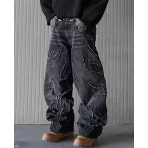 Men’s baggy jeans — distressed retro black pants with oversized embroidery, Harajuku wide-leg streetwear trousers, men’s graphic straight-leg trousers