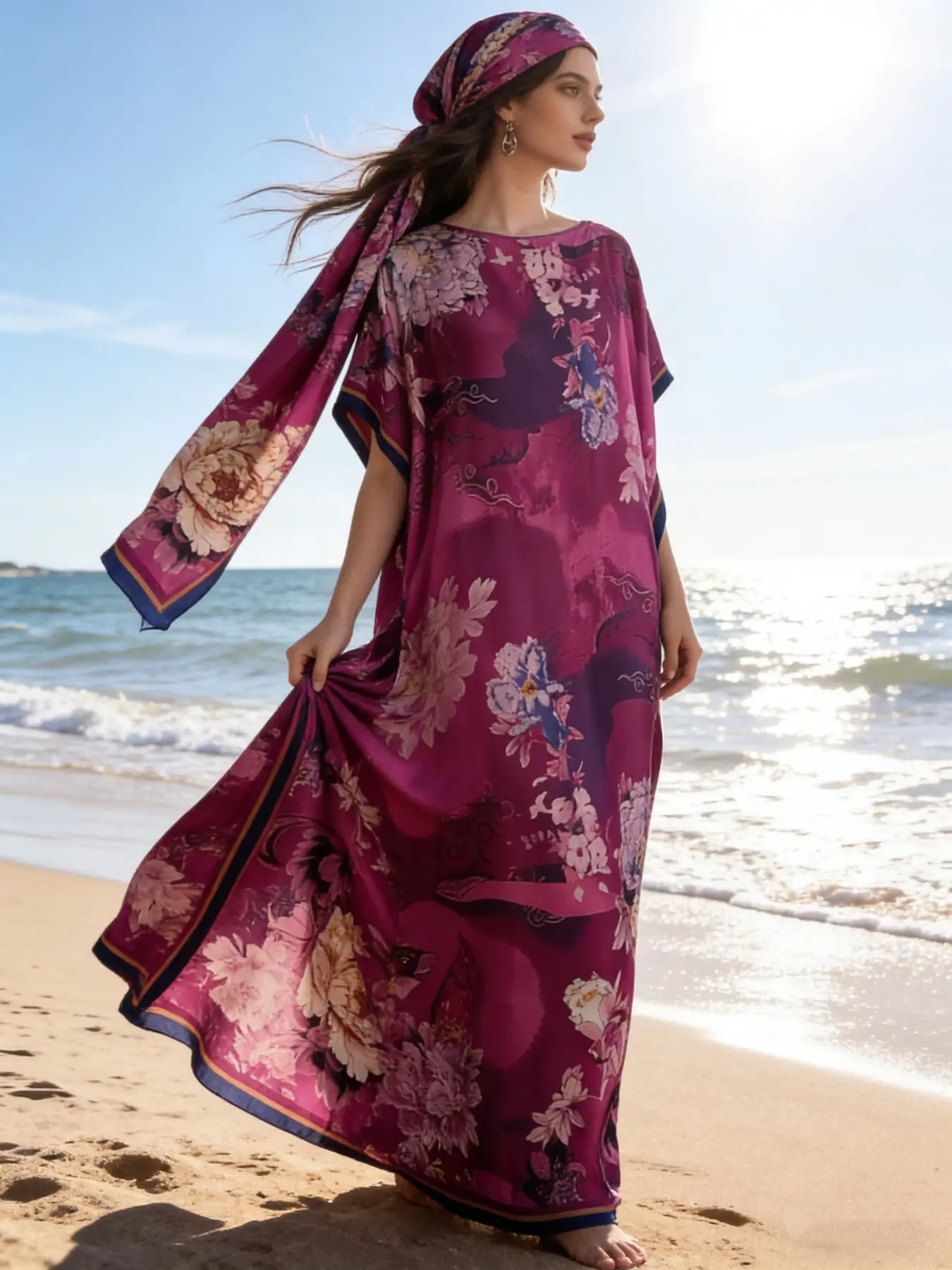 1dress+1scarf, Casual Boho Style, Purple Floral Print Bohemian Boho Satin Kaftan Maxi Dress with Matching Scarf, Casual Flowy Beach, Silky Loose Fit, Plus Size Friendly, Loungewear, Beach & Evening Wear, Resort Fashion Piece