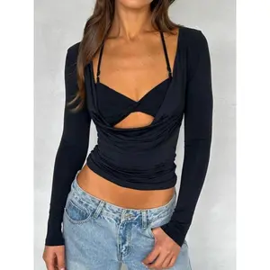 Women'sPlainTwistCutOutHalterTee,CasualTieBackLongSleeve2in1T-shirtforSpring&Fall,Women'sClothingforDailyWear,Valentine'sDay,Gift,PlungeNeckTop,LadyCropTop,Womenswear