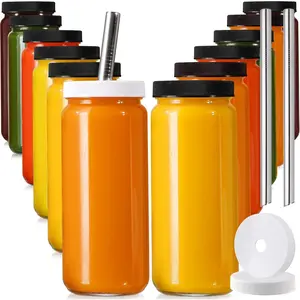 12 PACK, 16 OZ Glass Juice Bottles with Airtight Lids, Bonus 2 Straws & Perforated Lids,  Juicer, Juicing Bottle - Clear Drinking Jars Cups, Water Bottles, Travel Juice Container, Black Caps