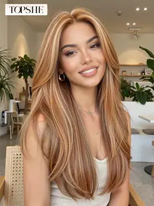 Women Medium Straight Hair Wig, with Gold Highlights, Layered Design, Heat-Resistant Fiber, Perfect for Daily Wear & Special Occasions, Straight Synthetic Wigs, Synthetic Material Wigs