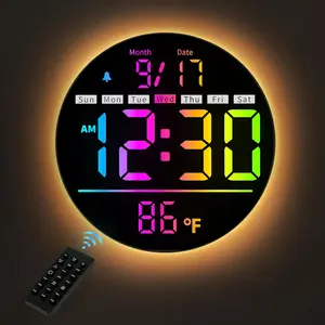 Digital Wall Clock, 8'' Round Digital Clock with Large Display, 11RGB Colors,Remote Control, Auto-Brightness,Temperature,DST,Night Light, , Count Down Timer for Classroom/Bedroom/Office