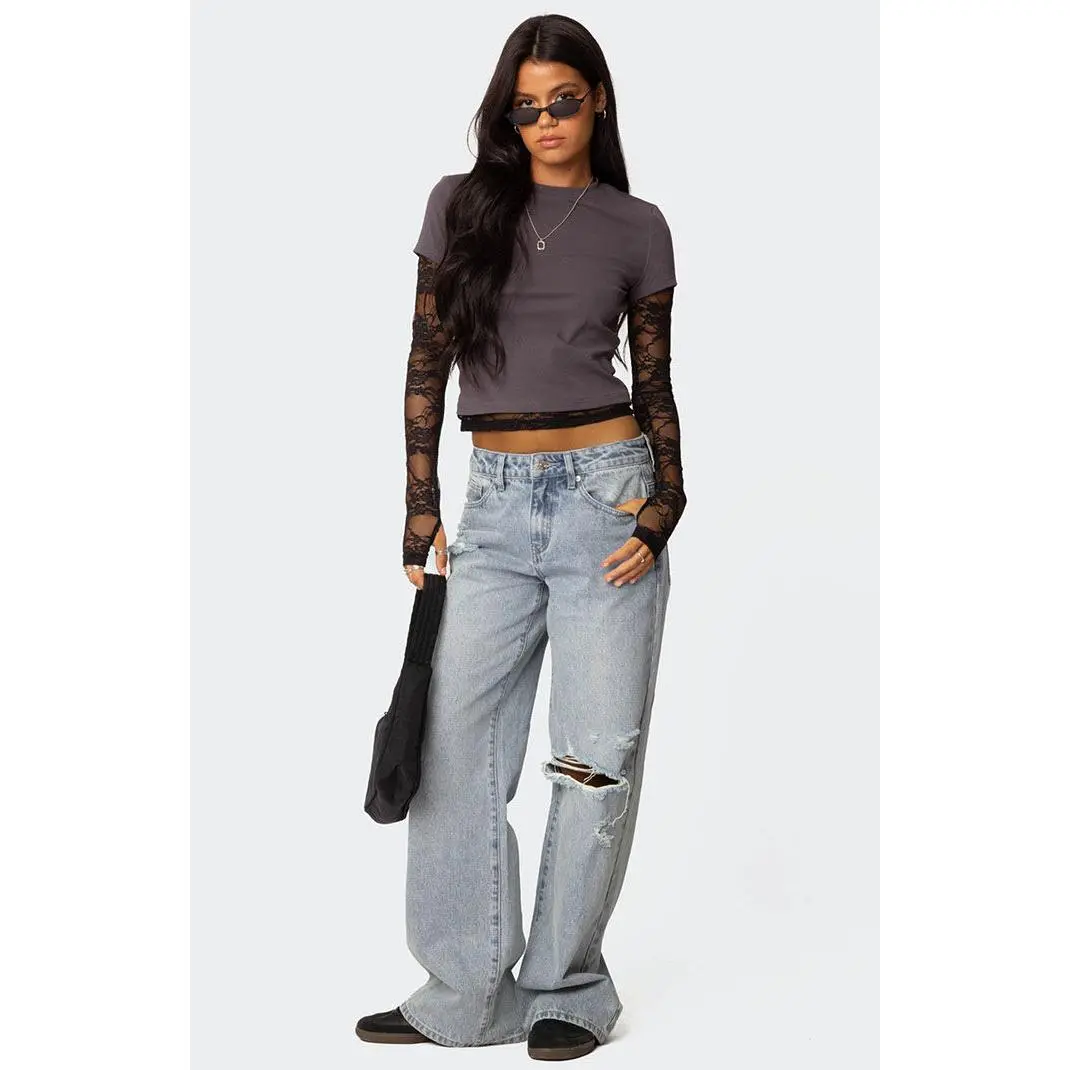 Edikted Women's Adam Distressed Wide Leg Jeans