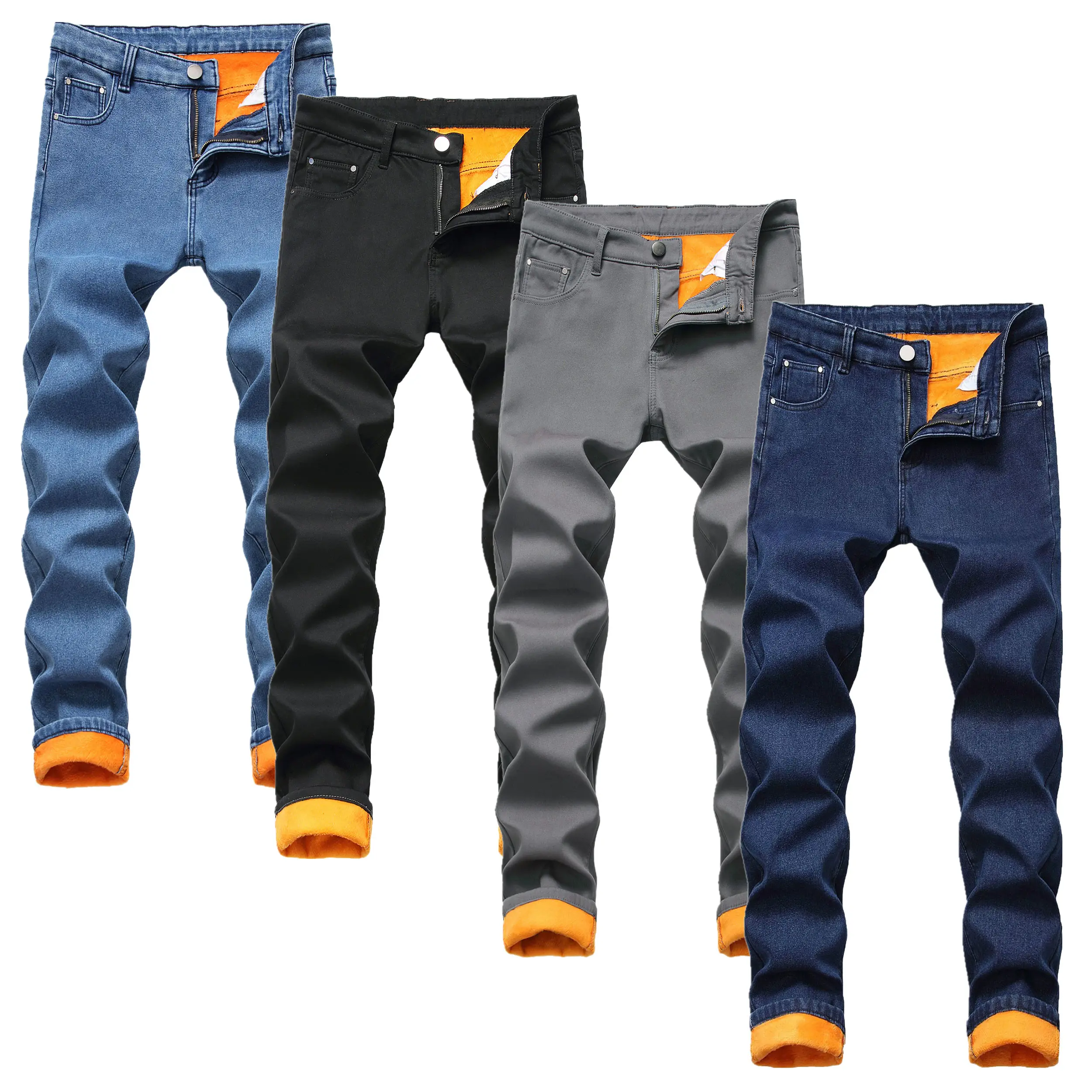 Men's Winter Fleece Lined Jeans, Casual Slim-Fit Skinny High-Stretch Denim with a Smooth Feel and Zipper Closure, Straight