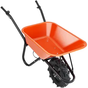 Electric Powered Wheelbarrow Cart 500W 5 Cu Ft Capacity for Lawn Farm with Durable Orange Tray and Heavy Duty Frame