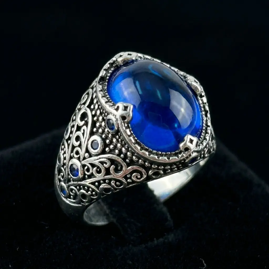 925 Sterling Silver Men Silver Ring with Sapphire GemStone, Gift for him, Men's Vintage Statement Ring with Punk style,a Fashionable and Retro Ring, Father Day Gift