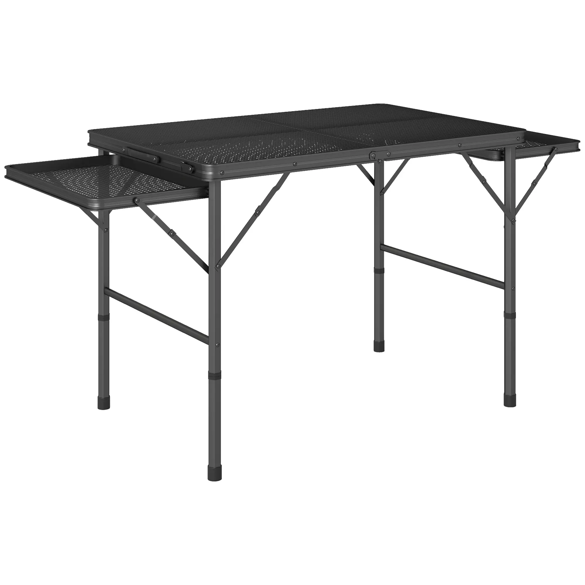 Outsunny Folding Grill Table, 4.5ft Portable Camping Table with 2 Wing Panels, Height Adjustable Metal Outdoor Table with Mesh Desktop for Picnic, Beach, BBQ, Party, Black