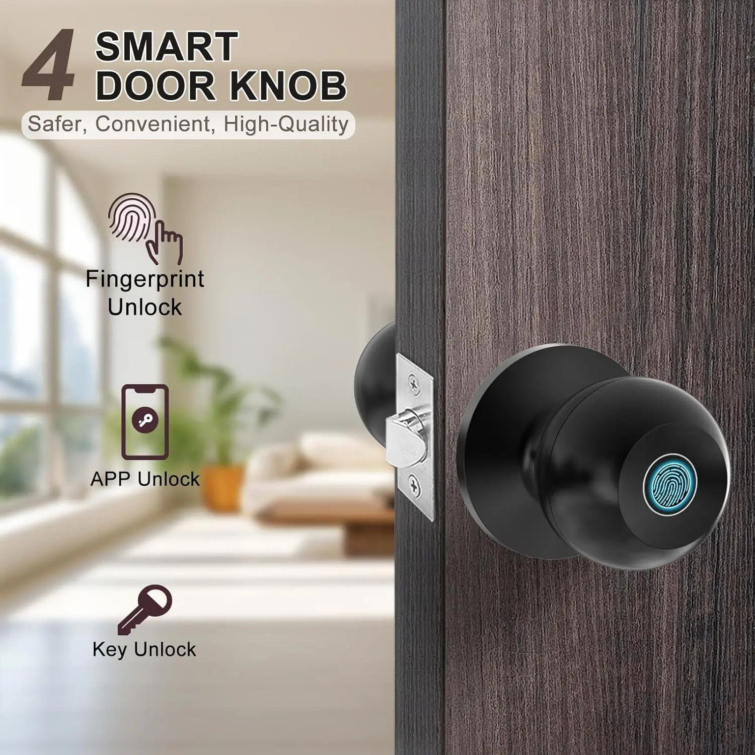 Fingerprint Door Lock Smart Door Knob Biometric Door Lock with Key & App Control Applicable Door Thickness 35-55mm
