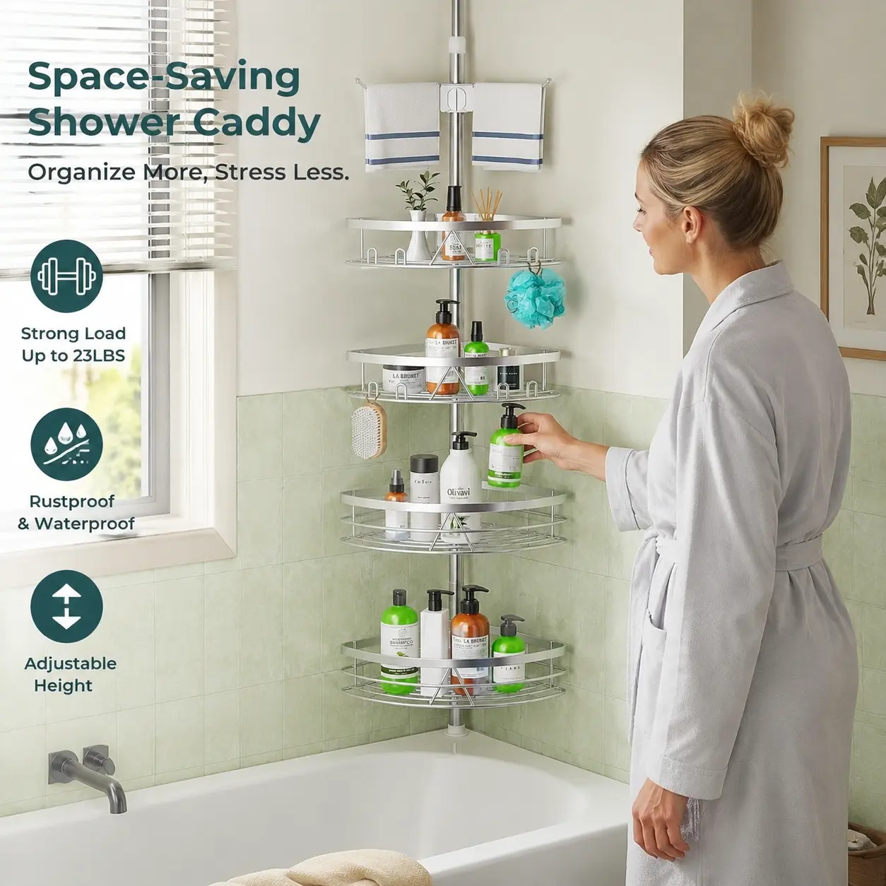 littleox Corner Shower Caddy - Tension Pole Rod Organizer, Floor to Ceiling 20-113 inch, Adjustable Towel Rack Waterproof Rustproof, Stainless Steel