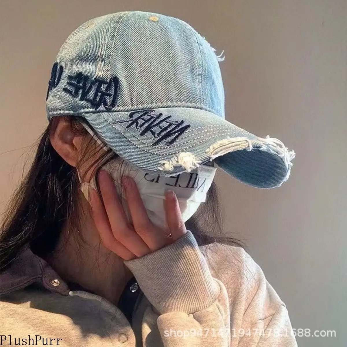 Women's Washed Distressed Peaked Cap with Side Embroidery, Wide Brim for Sun Protection & Small Face Effect, Outdoor Accessory, Female, One Size Fits All