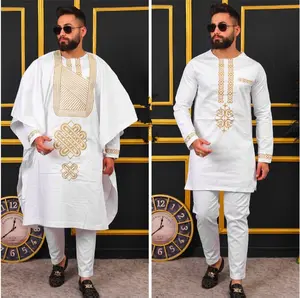 African Men's Clothing Cotton Embroidery White Agbada Shirt Pants Matching Set 3 Piece Outfit Stylish Formal Traditional Wedding Attire Groom Groomsmen Guest Nigerian Party Birthday Anniversary Prom Graduation