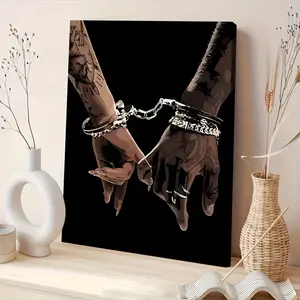 2D Artistic Pine Wood Framed Wall Illustration - Unique Romantic African American Couple Decoration, Ready-to-Hang Print, Modern Home Decor for Living Room, Gift for Him/Her, Illustrations