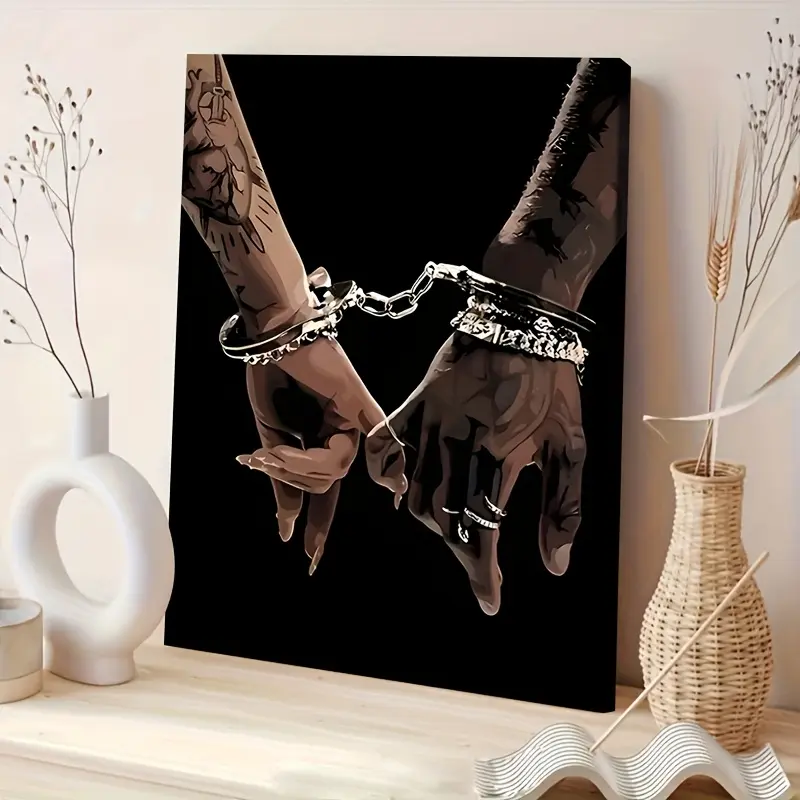 2D Artistic Pine Wood Framed Wall Artwork - Unique Romantic African American Couple Print, Ready-to-Hang Home Decor, Living Room Accent, Gift for Him/Her, Illustrations