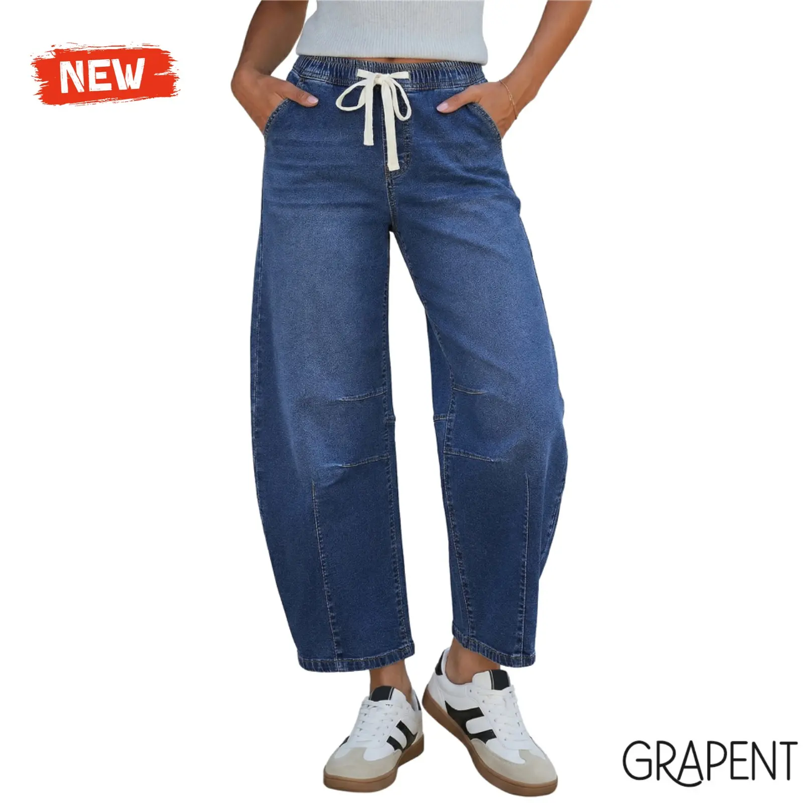 GRAPENT Women's Barrel Jeans, High-Rise Elastic Waist Cropped Wide Leg Jeans, Cotton Flex Magic Stretch Denim Pants for Daily Chill Wear, Cropped Flare Jeans,summerwins,summeroutfits,vacationoutfits,beachoutfits,back to school shopping backtoschool