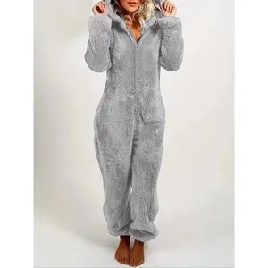 Solid Zipper Hooded Plush Pajama Jumpsuit, Casual Long Sleeve Teddy Bear Ear Design Jumpsuit for Fall & Winter,  Sleepwear for Indoor Wear, Fluffy Pajamas