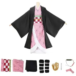 Kamado Nezuko Kimono Cosplay Costume with Wig Pink Kimono Geometric Pattern Obi Belt & Haori for Anime Conventions & Cosplay Events Inspired by Demon Slayer