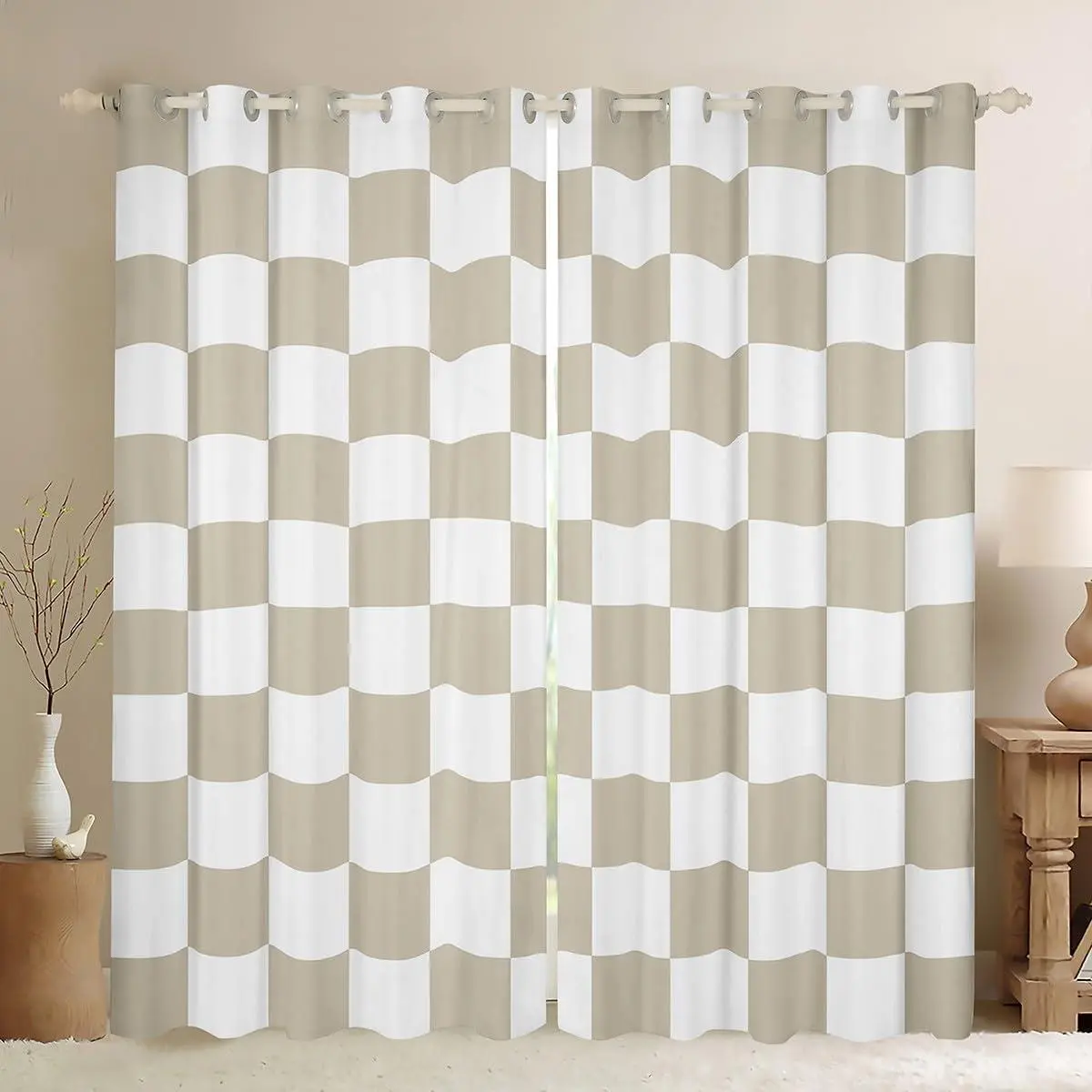 Checkered Window Curtains for Bedroom Teen Beige Plaid Window Drapes Treatments Cute Retro Neutral Checkerboard Geometric Curtains Vintage Aesthetic Room Decor,,2 Panels