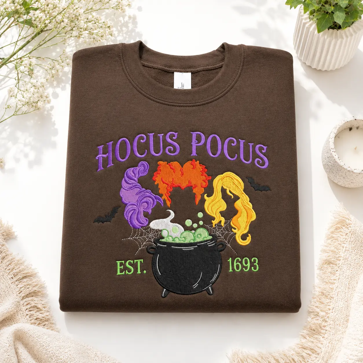 Vintage Witch Sisters Embroidered Sweatshirt, Witchy Fall Pullover, Spooky Season Gift, Halloween Cauldron Crewneck, Cozy Fall Witch Shirt