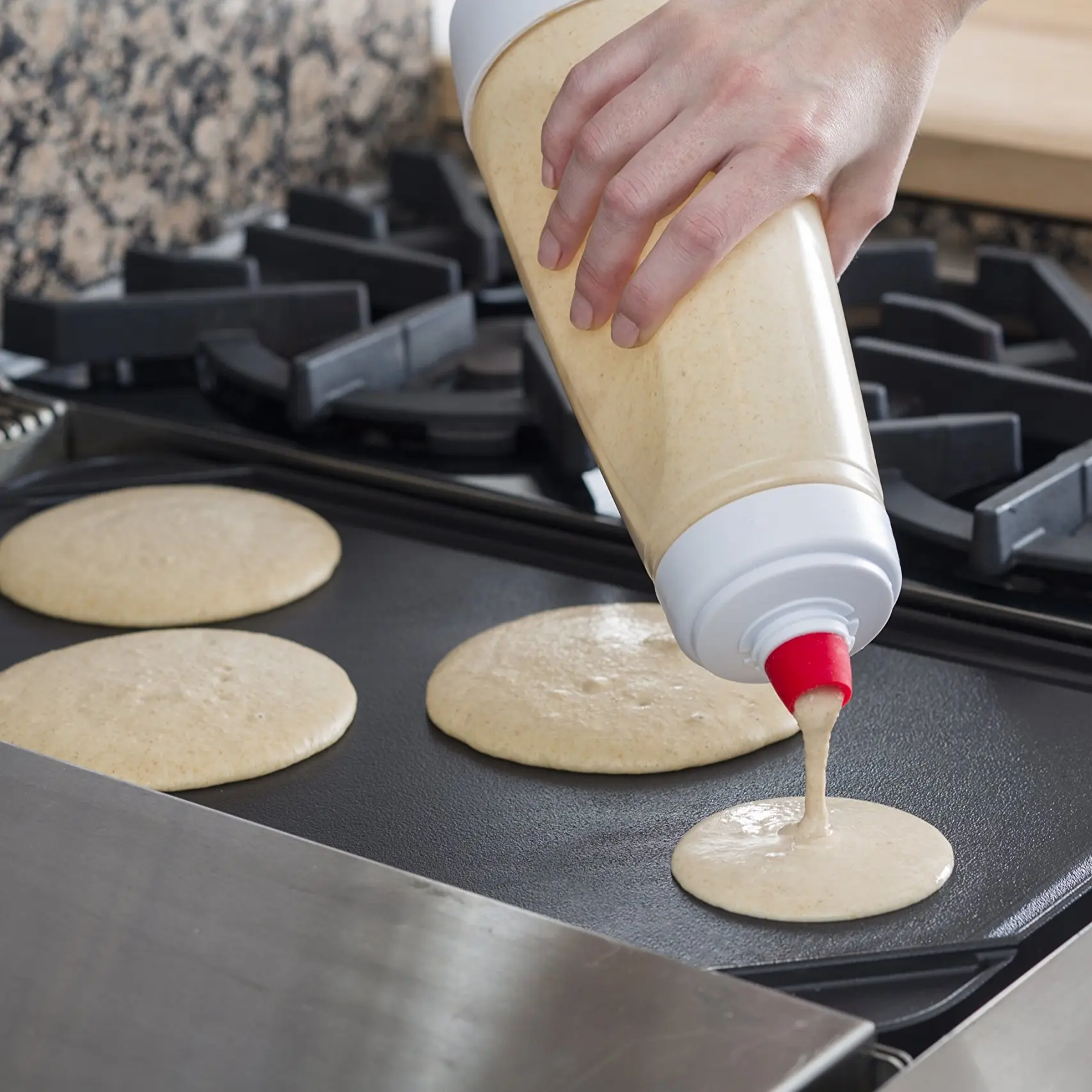 Home Kitchen Manual Pancake Batter Mixer Bottle, Squeeze Dispenser, Stainless Steel Baking Tool for Cupcakes,Muffins,and Cakes, Blender,Pancake Batter Mixer with BlenderBall Wire Whisk Silicone Utensils
