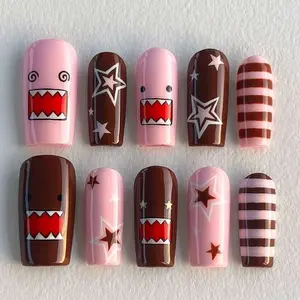 Kawaii Pink & Chocolate Domo Press On Nails, Y2K Cartoon Star Nail Set for Cute Alt Girls