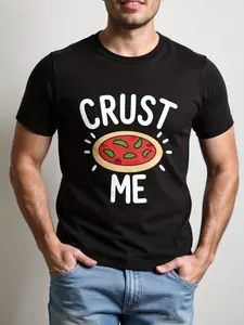 Black Pizza Slice and "CRUST ME" Pun T-Shirt |   Casual Short Sleeve Round Neck, Italian Design, Perfect for Adult, All-season Wear, Funny Pizza Party Outfit