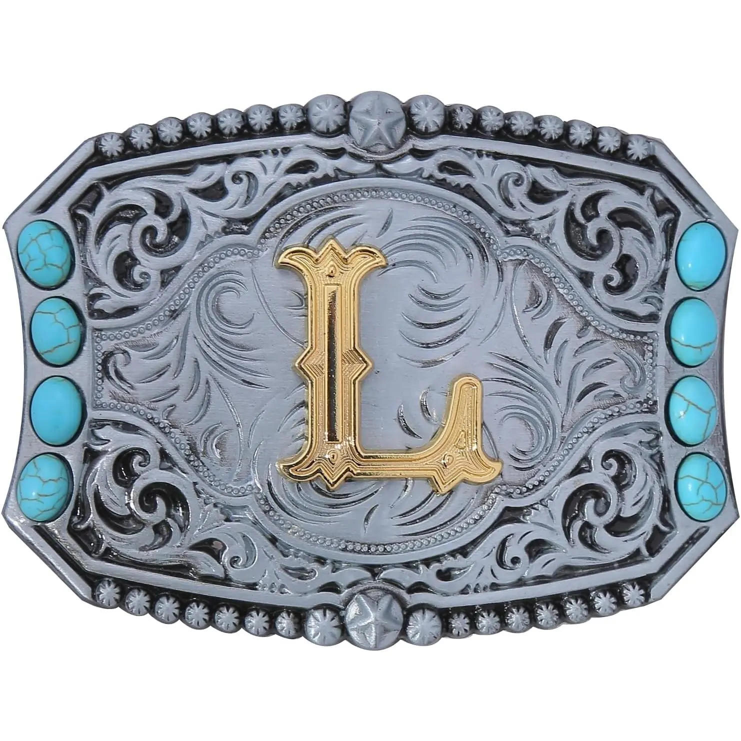 Vintage Western Style Belt Buckle with Turquoise, Personalized Initial Letter A-Z Engraved Rodeo Accessory for Men and Women