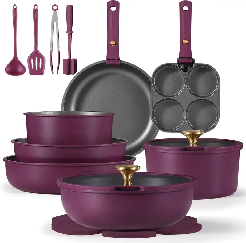 CAROTE 21pcs Pots and Pans Set, Nonstick Cookware Set Detachable Handle, Induction Kitchen Cookware Sets Non Stick with Removable Handle, RV Cookware Set, Gold and Purple