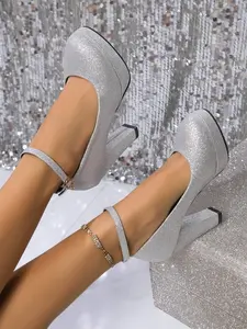 Shiny Waterproof Platform Chunky Heel Elegant Pumps, Detachable Pearl Decoration, Silver Color, Perfect for Dresses, Suits, Weddings, Parties