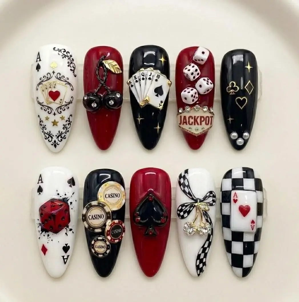 Baddie Style Long Almond-Stiletto Press-On Nails Set, Casino Poker Theme with Playing Cards, Jackpot Dice, Gold Tokens, Bows, Ribbons, 3D Charms for Nail Art Decoration