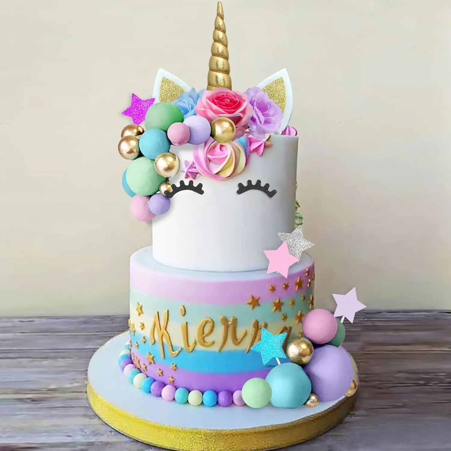 Unicorn Cake Decorations, Unicorn Flower Cake Toppers with Floral Balls and Stars, Birthday Party Supplies, Happy Birthday Cake Decoration
